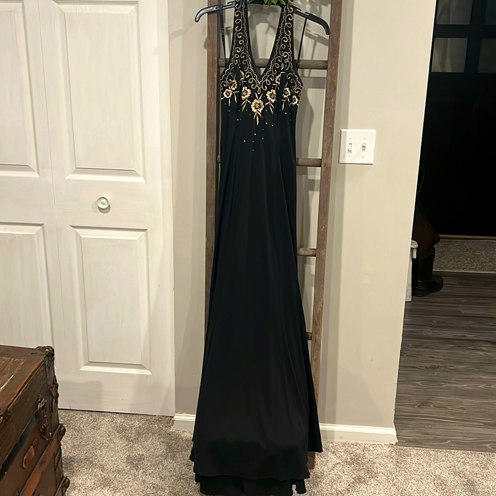 Black formal dress with gold flowers